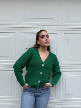 LOFT Green Cozy Button-Front Cardigan